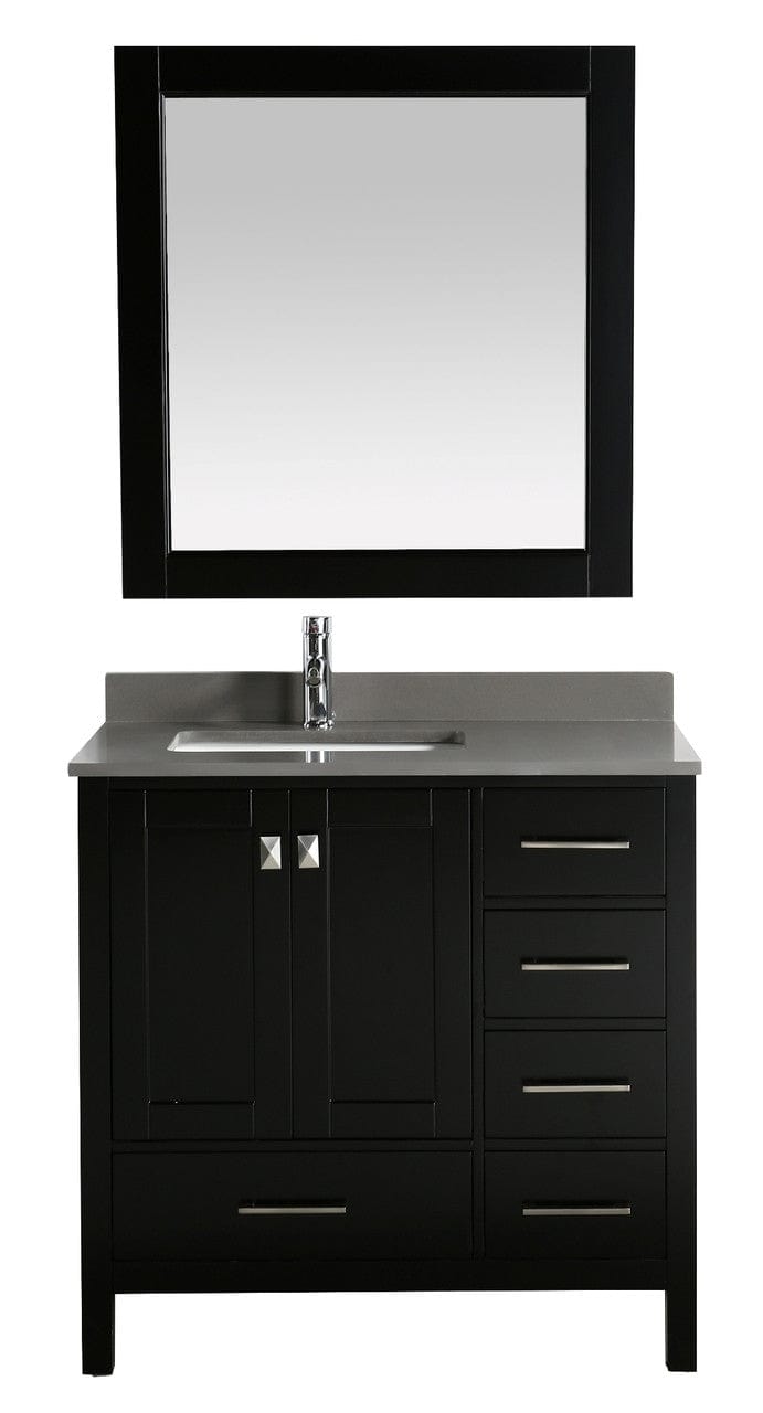 London 36" Vanity in Espresso with Quartz Vanity Top in Gray with White Basin and Mirror
