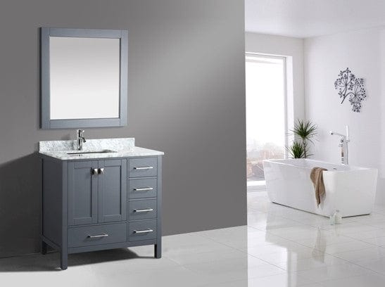 Design Element London 36" Vanity in Gray w/ Marble Top and Mirror | DEC082F-G-WT