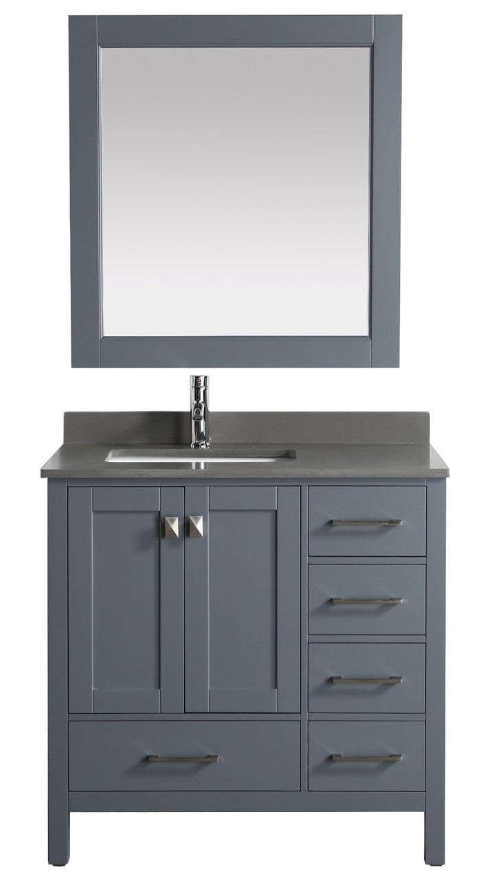 London 36" Vanity in Gray with Quartz Vanity Top in Gray with White Basin and Mirror