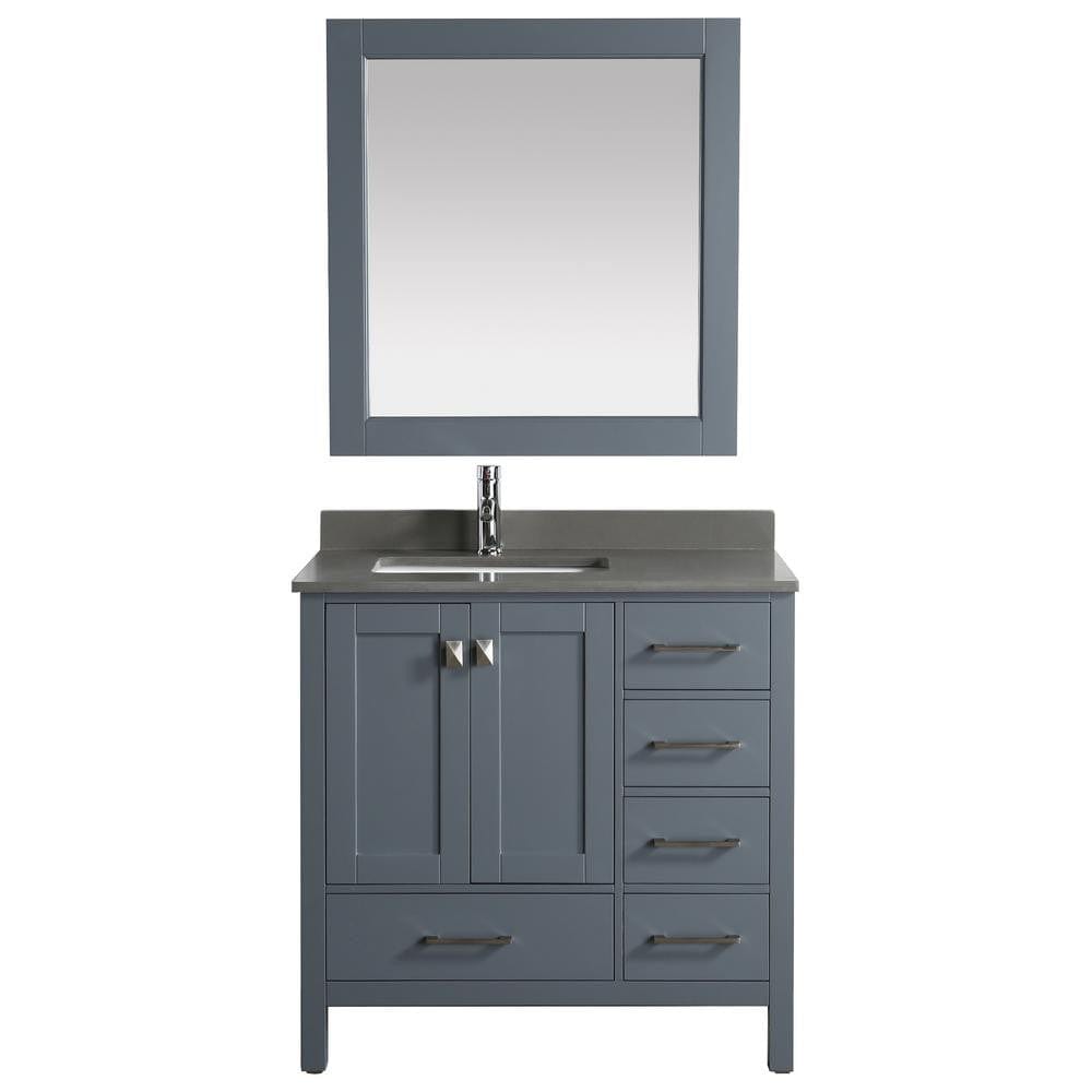 Design Element London 36" Vanity in Gray w/ Quartz Top in Gray and Mirror | DEC082F-G-GT