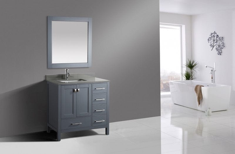 Design Element London 36" Vanity in Gray w/ Quartz Top in Gray and Mirror | DEC082F-G-GT