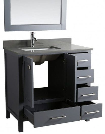 Design Element London Hyde 36" Vanity in Gray w/ Quartz Top in Gray and Mirror | DEC082F-G-GT