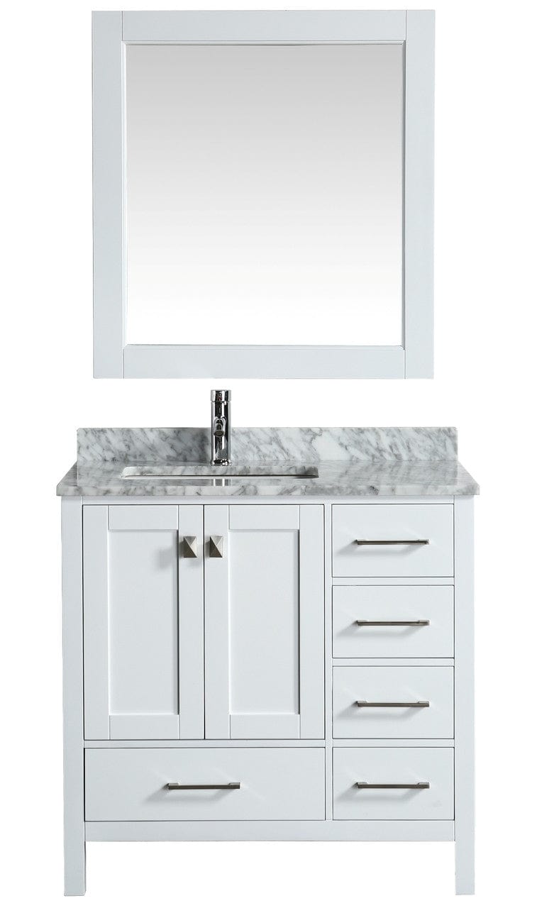 London 36" Vanity in White with Marble Vanity Top in Carrera White with White Basin and Mirror