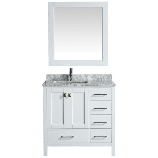 Design Element London 36" Vanity in White w/ Marble Top and Mirror | DEC082F-W-WT