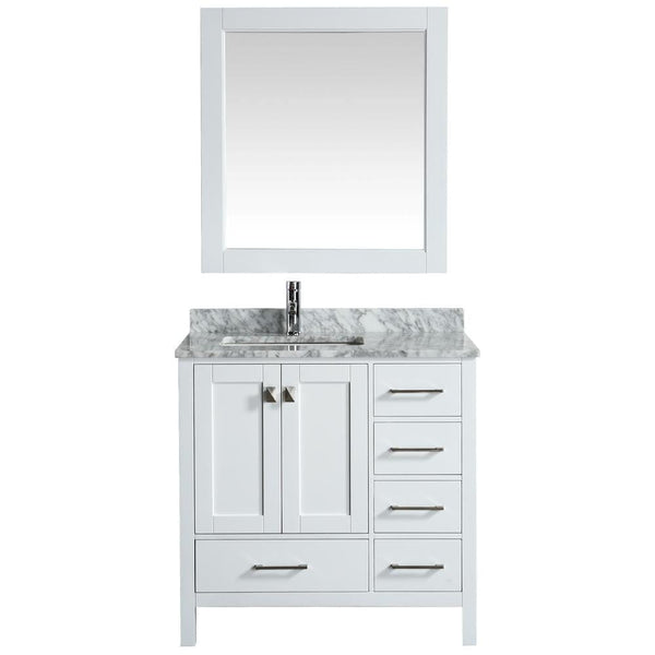 Design Element London 36 Vanity in White w/ Marble Top and Mirror | DEC082F-W-WT