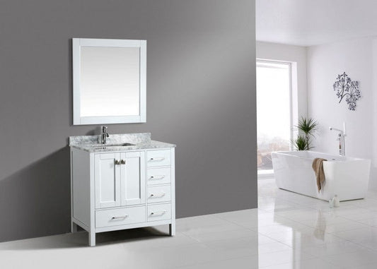 Design Element London Hyde 36" Vanity in White w/ Marble Top and Mirror | DEC082F-W-WT