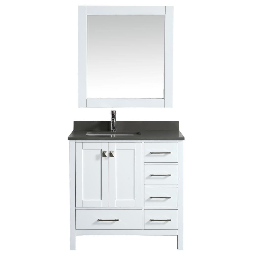 Design Element London 36" Vanity in White w/ Quartz Top in Gray and Mirror | DEC082F-W-GT