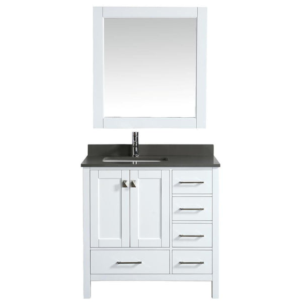 Design Element London 36 Vanity in White w/ Quartz Top in Gray and Mirror | DEC082F-W-GT