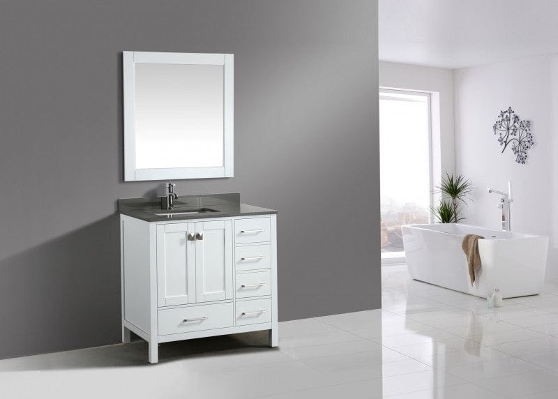 Design Element London 36" Vanity in White w/ Quartz Top in Gray and Mirror | DEC082F-W-GT