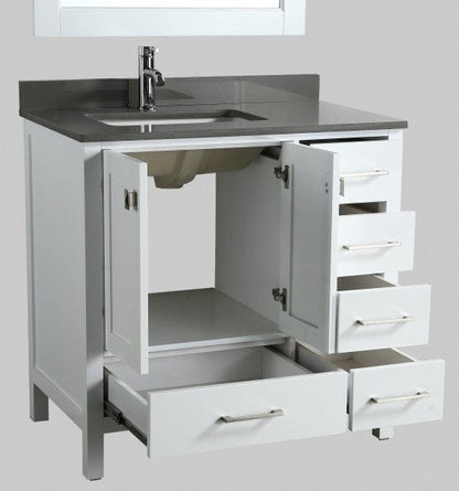 Design Element London Hyde 36" Vanity in White w/ Quartz Top in Gray and Mirror | DEC082F-W-GT