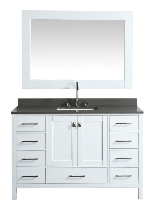 London 54" Vanity in White with Quartz Vanity Top in Gray with White Basin and Mirror