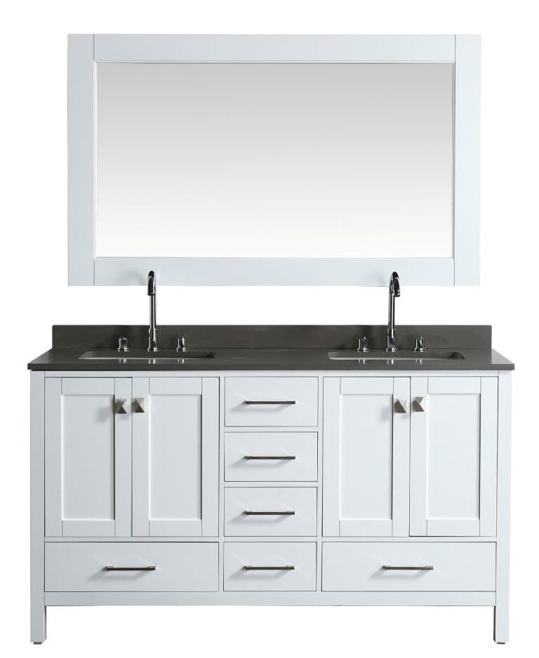 Design Element London 61" Vanity in White w/ Quartz Top in Gray and Mirror