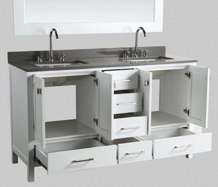 Design Element London Hyde 61" Vanity in White w/ Quartz Top in Gray and Mirror | DEC082A-W-GT