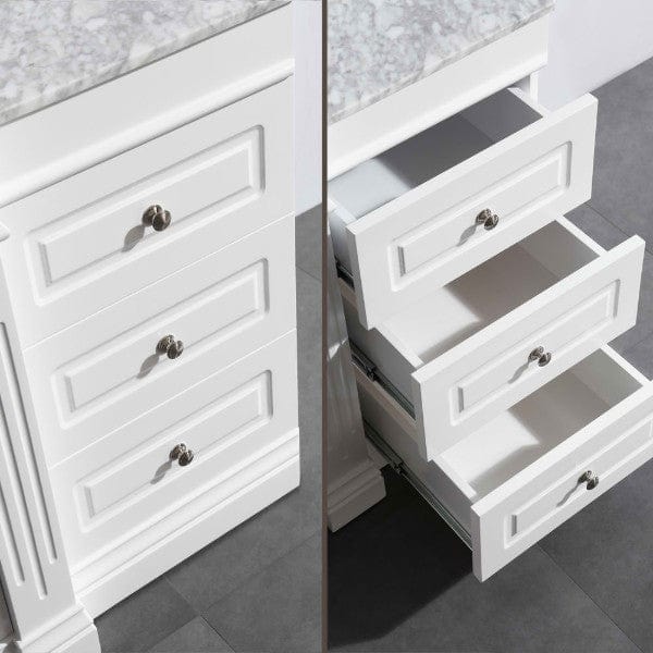 Odyssey 36″ White Single Sink Vanity w/ Marble top w/ Three Drawer Console