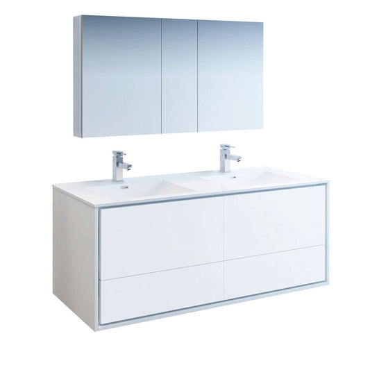 Catania 60 Modern White Wall Hung Double Sink Bathroom Vanity Set