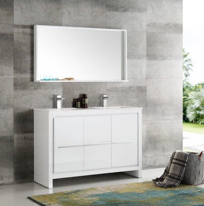 Fresca Allier 48" White Modern Double Sink Bathroom Vanity w/ Mirror