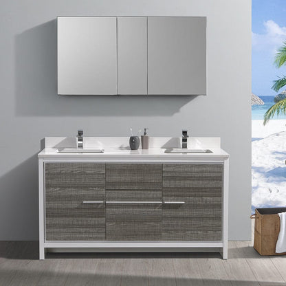 Fresca Allier Rio 60 Ash Gray Double Sink Modern Bathroom Vanity Set  w/ Medicine Cabinet