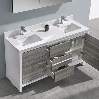 Fresca Allier Rio 60 Ash Gray Double Sink Modern Bathroom Vanity Set  w/ Medicine Cabinet