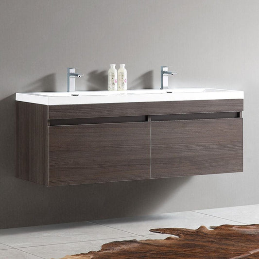 Fresca Largo 57 Gray Oak Modern Double Sink Bathroom Cabinet w/ Integrated Sinks