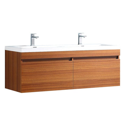 Fresca Largo 57" Teak Modern Double Sink Bathroom Cabinet w/ Integrated Sinks