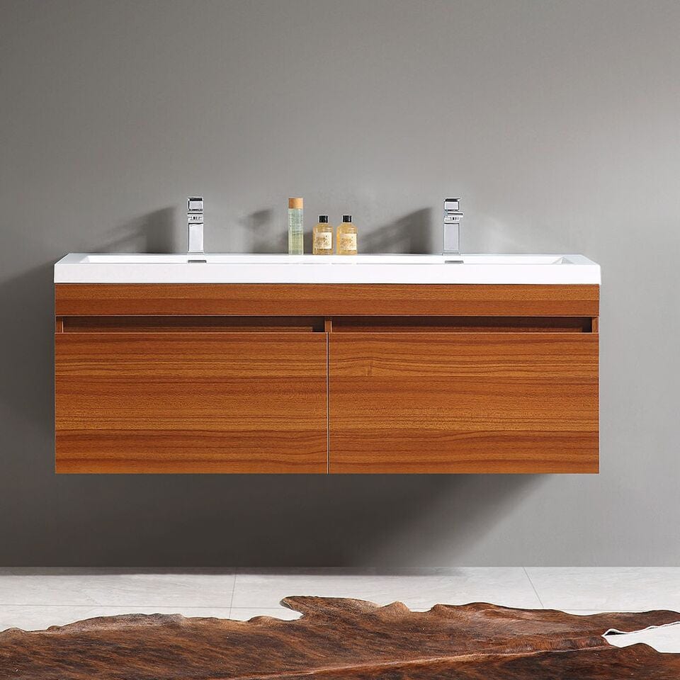 Fresca Largo 57 Teak Modern Double Sink Bathroom Cabinet w/ Integrated Sinks