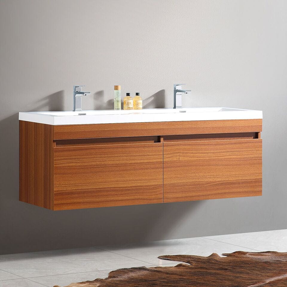 Fresca Largo 57 Teak Modern Double Sink Bathroom Cabinet w/ Integrated Sinks