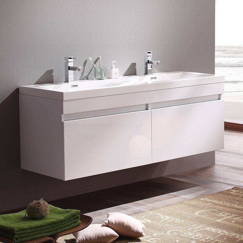 Fresca Largo 57White Modern Double Sink Bathroom Cabinet w/ Integrated Sinks