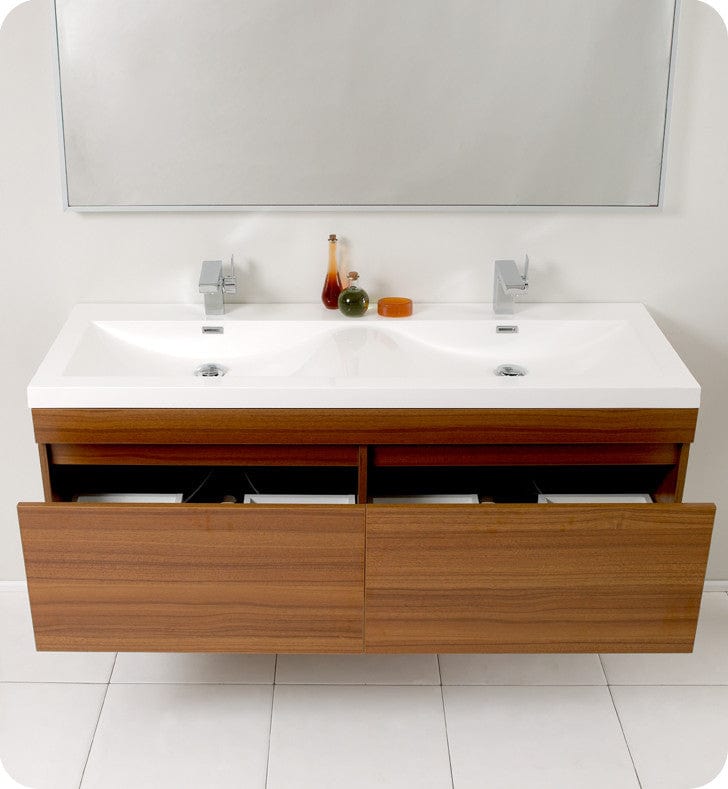 Fresca Largo Teak Modern Bathroom Vanity w/ Wavy Double Sinks