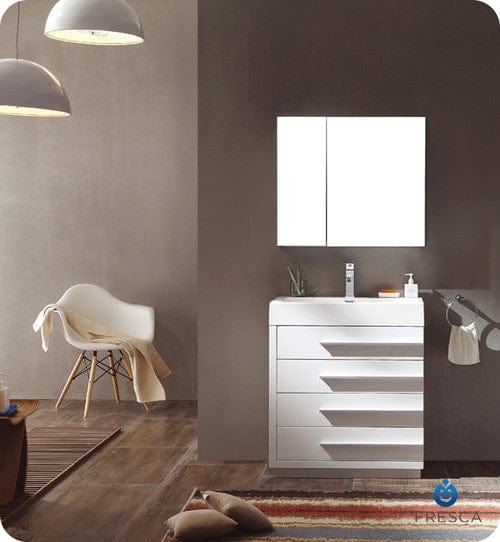 30" White Modern Bathroom Vanity w/ Medicine Cabinet
