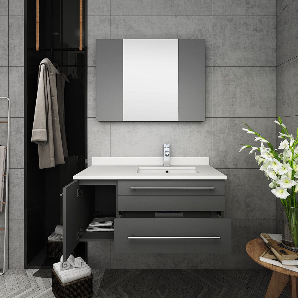 Fresca Lucera 36 Gray Wall Hung Undermount Sink Bathroom Vanity w/ Medicine Cabinet - Right Version