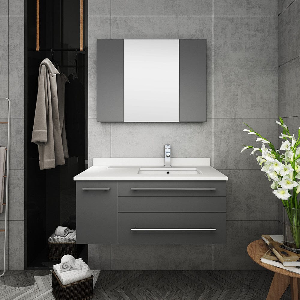 Fresca Lucera 36 Gray Wall Hung Undermount Sink Bathroom Vanity w/ Medicine Cabinet - Right Version