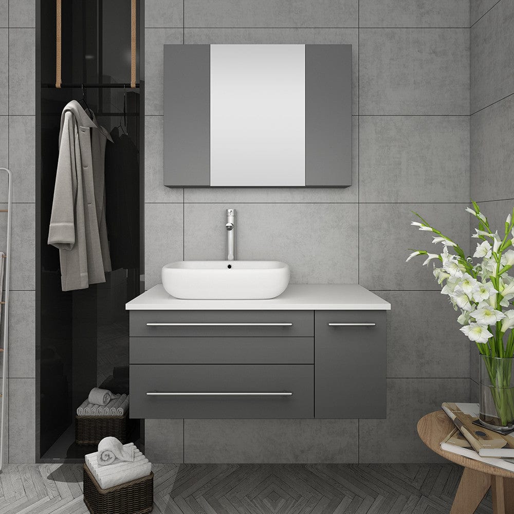 Fresca Lucera 36 Gray Wall Hung Vessel Sink Bathroom Vanity w/ Medicine Cabinet - Left Version