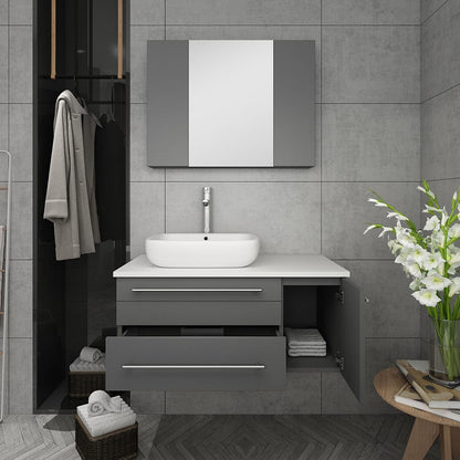 Fresca Lucera 36 Gray Wall Hung Vessel Sink Bathroom Vanity w/ Medicine Cabinet - Left Version