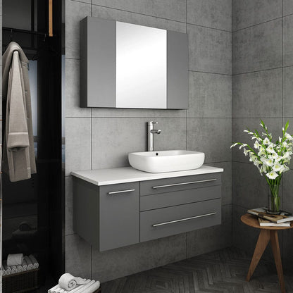 Fresca Lucera 36 Gray Wall Hung Vessel Sink Bathroom Vanity w/ Medicine Cabinet - Right Version