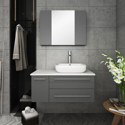 Fresca Lucera 36 Gray Wall Hung Vessel Sink Bathroom Vanity w/ Medicine Cabinet - Right Version