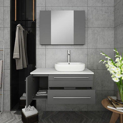 Fresca Lucera 36 Gray Wall Hung Vessel Sink Bathroom Vanity w/ Medicine Cabinet - Right Version