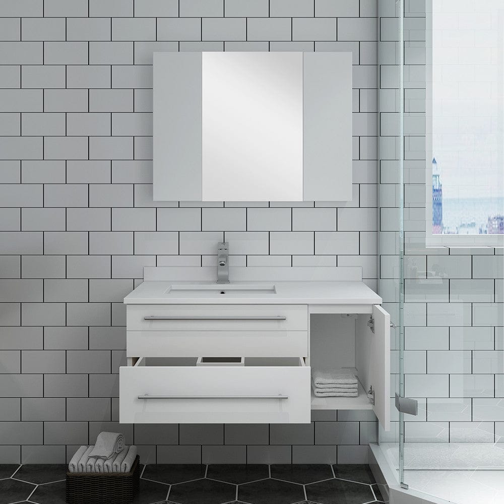 Fresca Lucera 36 White Wall Hung Undermount Sink  Bathroom Vanity w/ Medicine Cabinet - Left Version