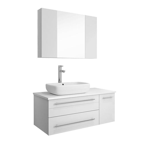 Fresca Lucera 36 White Wall Hung Vessel Sink Bathroom Vanity w/ Medicine Cabinet - Left Version