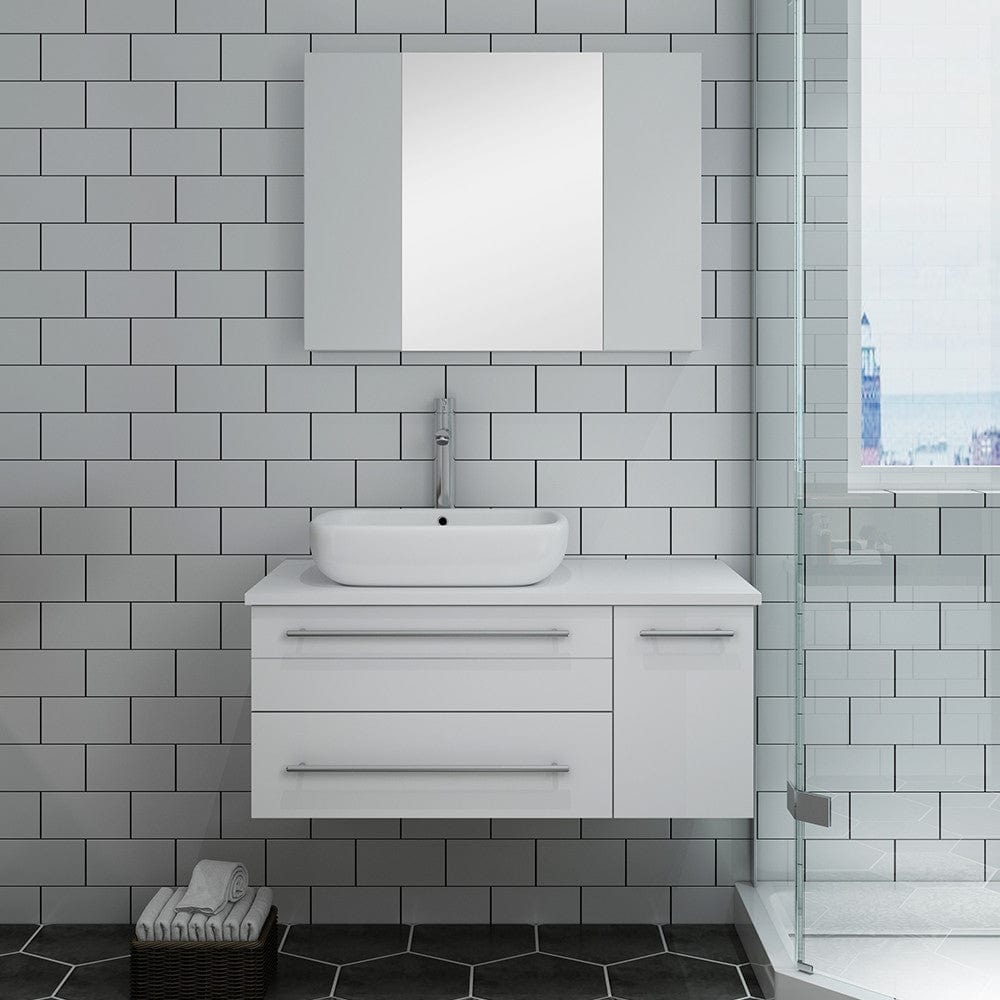 Fresca Lucera 36 White Wall Hung Vessel Sink Bathroom Vanity w/ Medicine Cabinet - Left Version