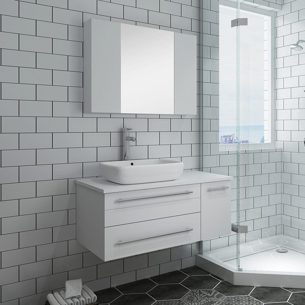 Fresca Lucera 36 White Wall Hung Vessel Sink Bathroom Vanity w/ Medicine Cabinet - Left Version