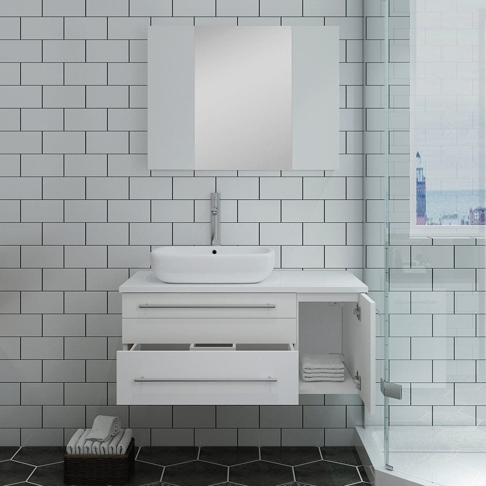 Fresca Lucera 36 White Wall Hung Vessel Sink Bathroom Vanity w/ Medicine Cabinet - Left Version