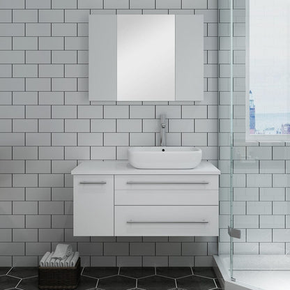 Fresca Lucera 36 White Wall Hung Vessel Sink Bathroom Vanity w/ Medicine Cabinet - Right Version