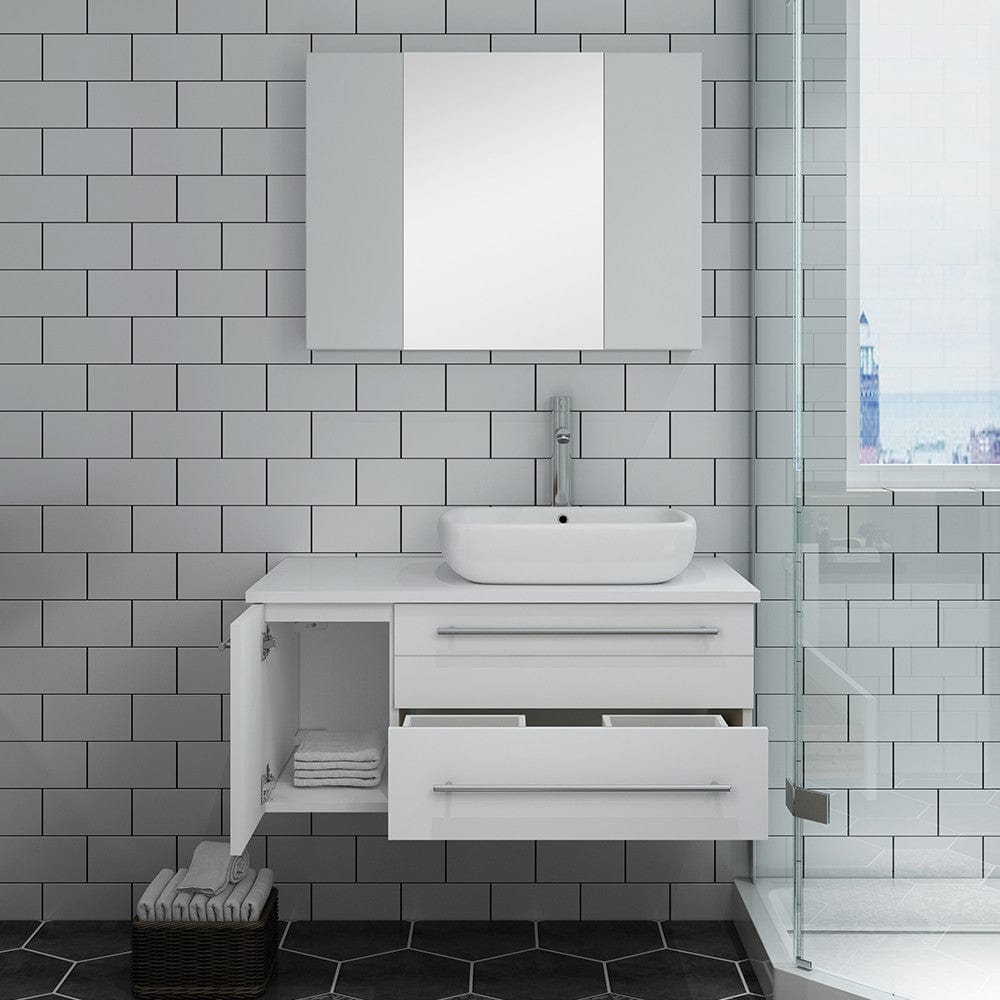 Fresca Lucera 36 White Wall Hung Vessel Sink Bathroom Vanity w/ Medicine Cabinet - Right Version