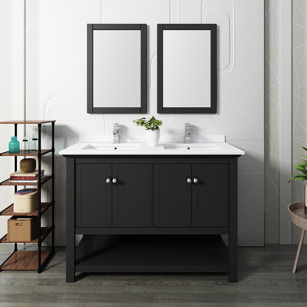 Fresca Manchester 48 Black Traditional Double Sink Bathroom Vanity w/ Mirrors