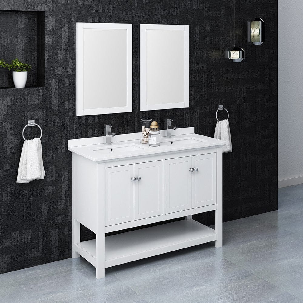 Fresca Manchester 48 White Traditional Double Sink Bathroom Vanity w/ Mirrors