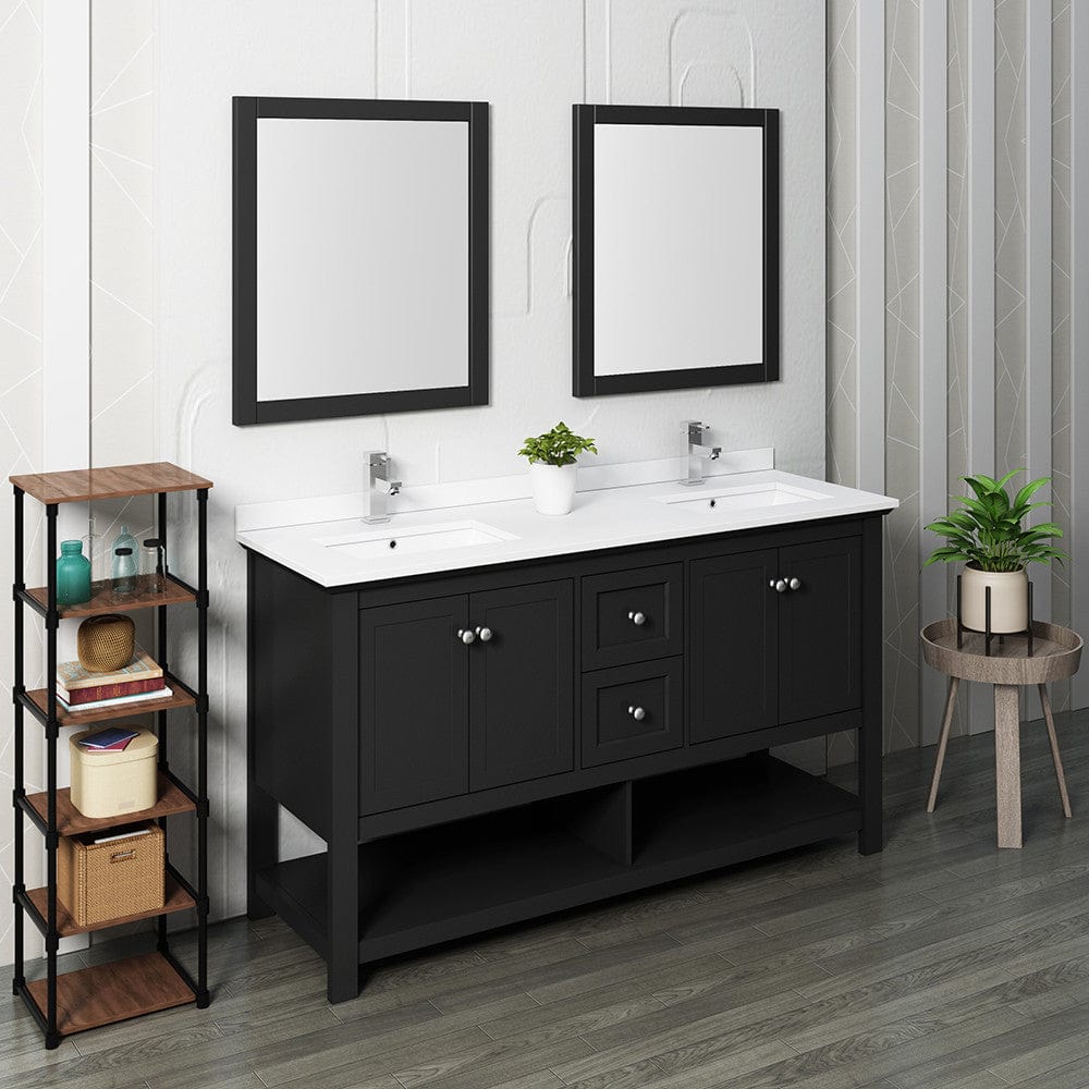Fresca Manchester 60 Black Traditional Double Sink Bathroom Vanity w/ Mirrors