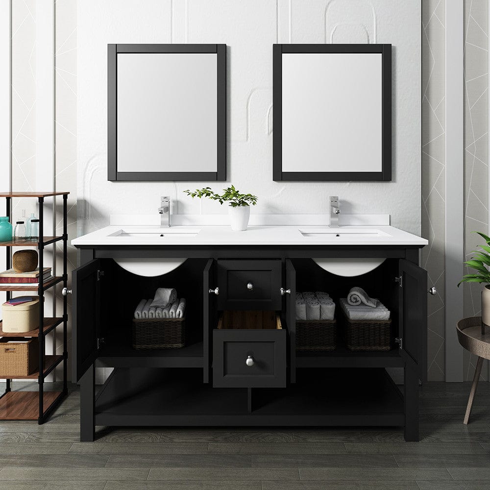 Fresca Manchester 60 Black Traditional Double Sink Bathroom Vanity w/ Mirrors