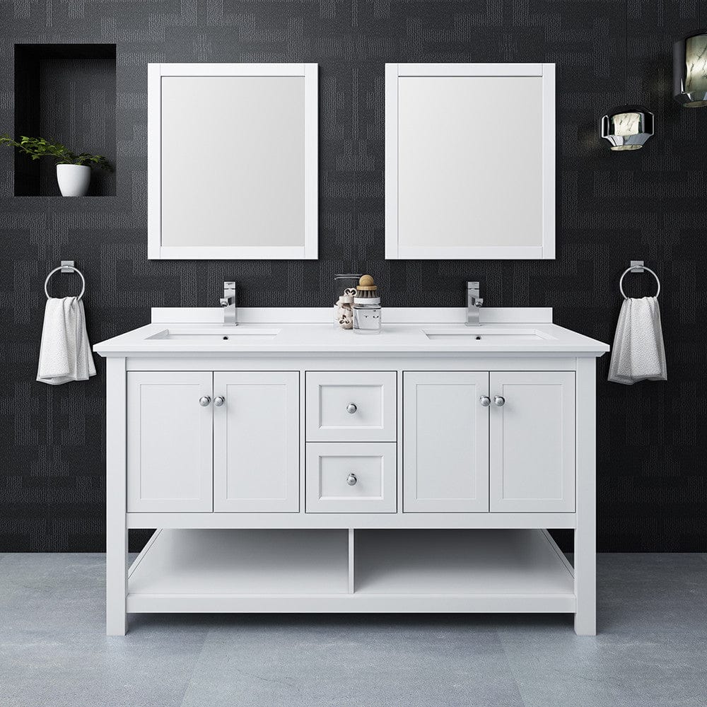 Fresca Manchester 60 White Traditional Double Sink Bathroom Vanity w/ Mirrors