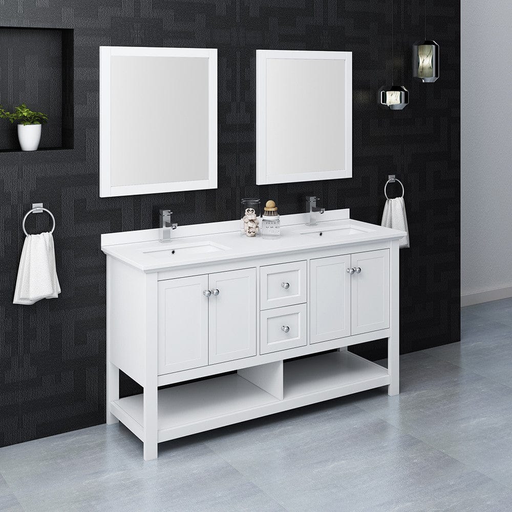 Fresca Manchester 60 White Traditional Double Sink Bathroom Vanity w/ Mirrors