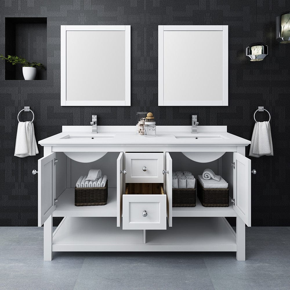 Fresca Manchester 60 White Traditional Double Sink Bathroom Vanity w/ Mirrors